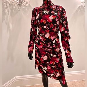 A.L.C Red/Black Patterned Silk Floral Mock Neck Dress